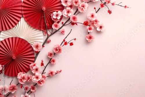 Pink cherry blossoms and Chinese traditional fans  top view. Banner with space for your own content. Blank space for the inscription.