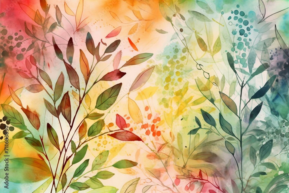 Art: lively foliage with watercolor texture, doodle background. Generative AI