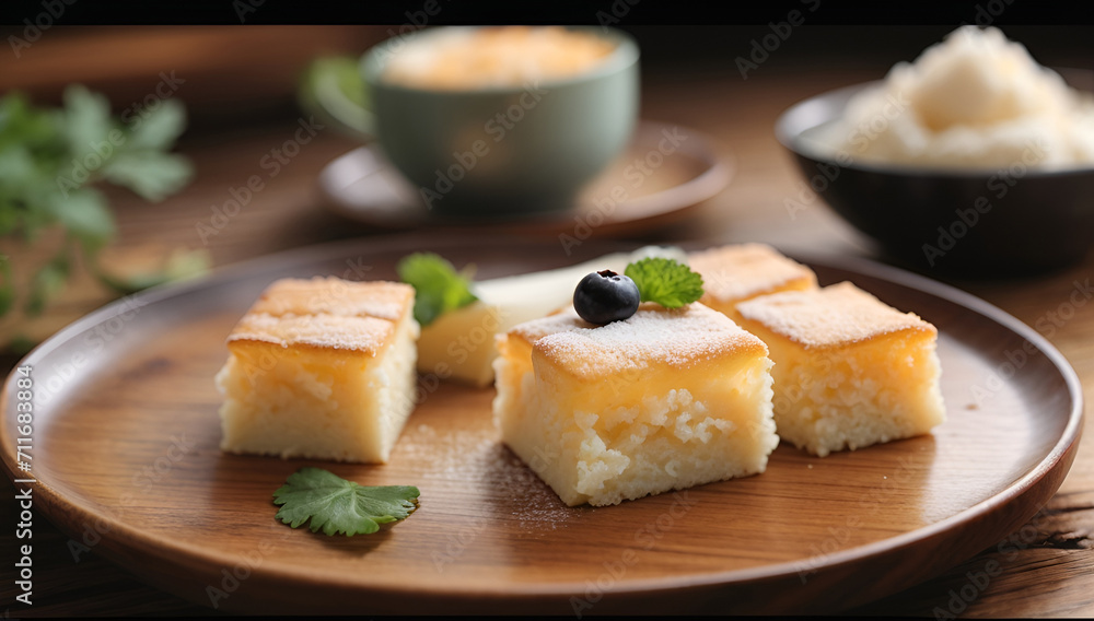 appetizing sponge cake served on elegant wooden platter, with a cup of cappuccino as background. appetizing sponge cake served on elegant wooden platter, with a cup of cappuccino as background.