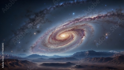 illustration landscape view of spiral galaxy and stars with rocky mountain from another planet 