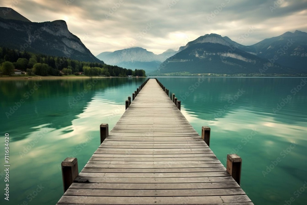 Pier on tranquil lake with stunning mountain view. Generative AI Pier on tranquil lake with stunning mountain view. Generative AI