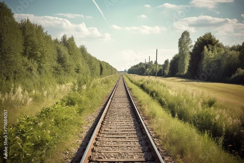 Long train tracks disappearing into a beautiful summer countryside. Generative AI