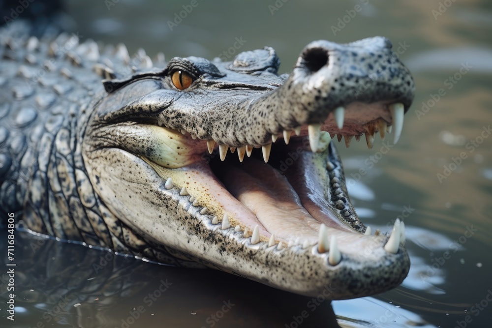 Obraz premium Camouflaged crocodile emerges with toothy grin.