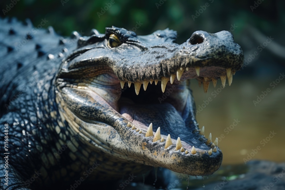 Obraz premium Camouflaged crocodile emerges with toothy grin.