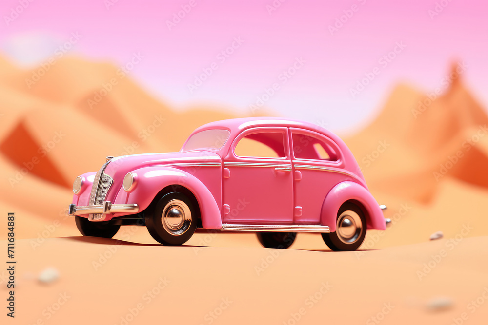 pink toy car on the edge of a pink desert background. 3d render.