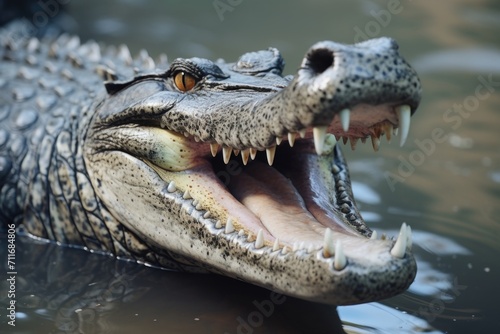 Camouflaged crocodile emerges with toothy grin.