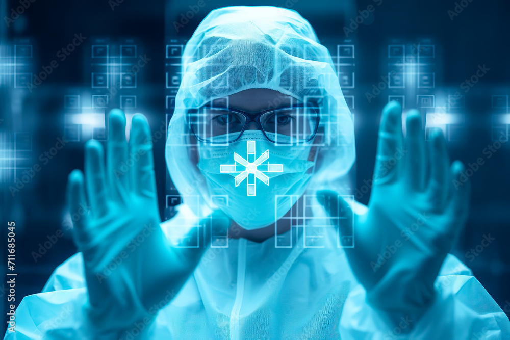 Scientist in glasses analyzing genome data. Visualization of genetic ...