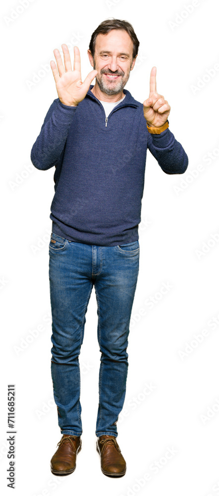 Middle age handsome man wearing a sweater showing and pointing up with fingers number six while smiling confident and happy. Middle age handsome man wearing a sweater showing and pointing up with fingers number six while smiling confident and happy.