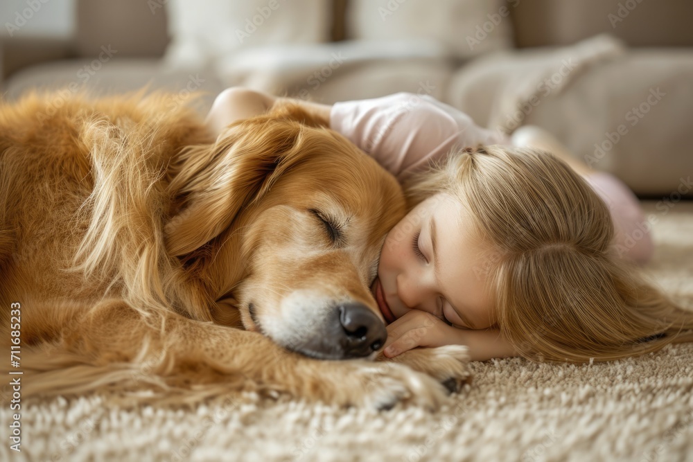 Adorable Young Girl Hugging Her Devoted Labrador Pet on the Living Room Floor