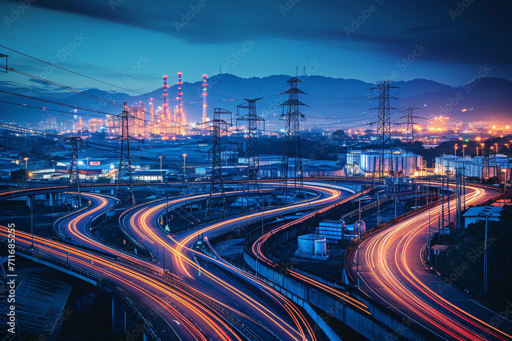 Night view of a highway and industrial area with light trails Night view of a highway and industrial area with light trails