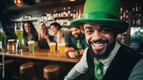 Happy young African American barman is smiling, dressed in green carnival hat, vest, and celebrates St. Patrick's Day at the bar. The bartebder at the bar counter offers to drink beer and green ale