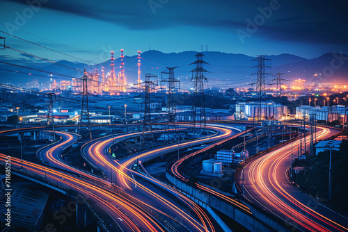 Night view of a highway and industrial area with light trails