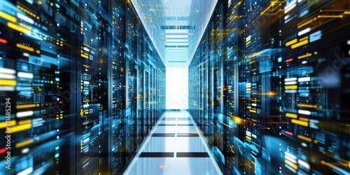Digital Data Processing in a Server Room: Technology and Global Business Concept