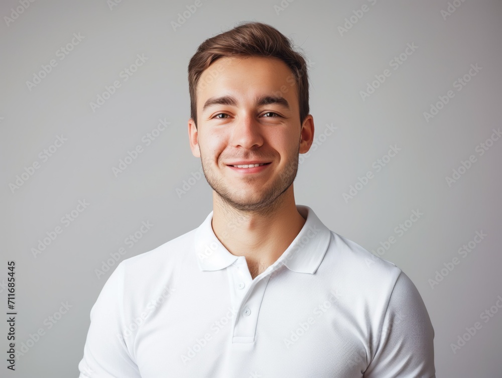 Confident Young Man in a White Polo Shirt Smiling. Generative AI. Confident Young Man in a White Polo Shirt Smiling. Generative AI.