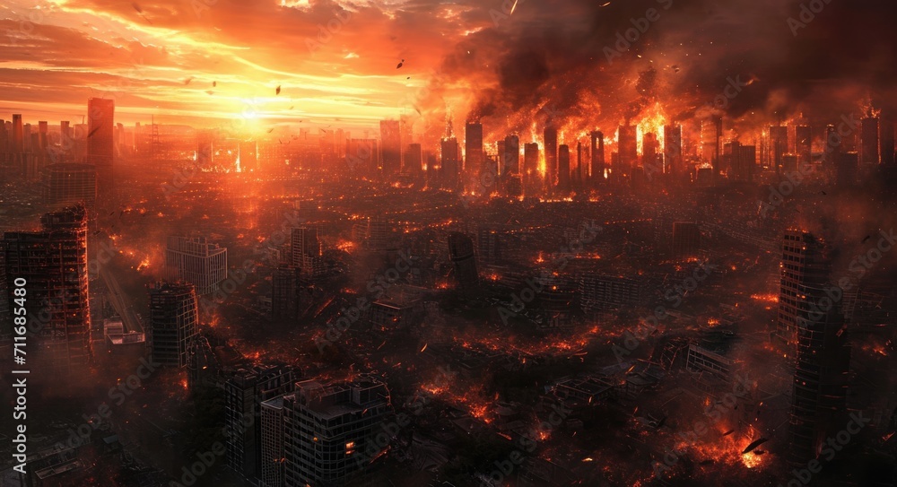 Apocalyptic City in Flames: Urban Warzone with Smoke and Fire