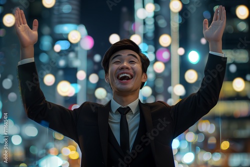 A portrait man Raise hands up in joy with black suit and necktie outside office.