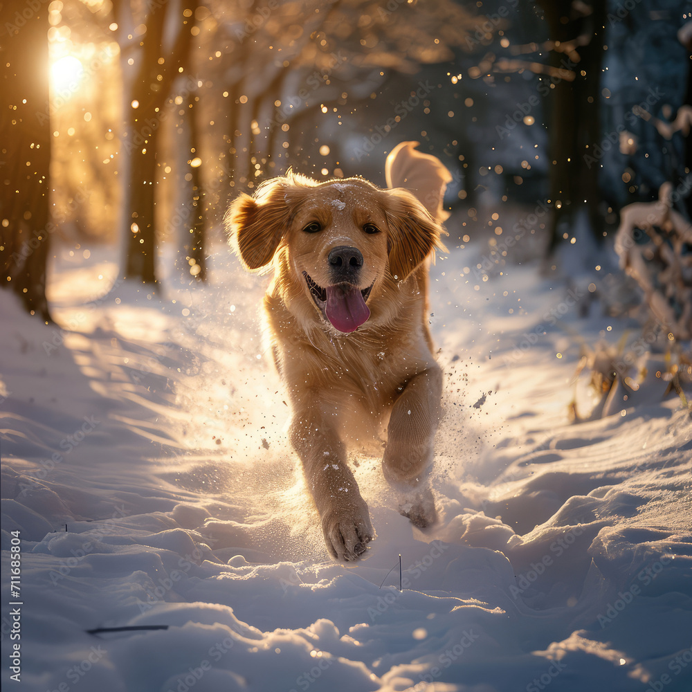 Golden retriever dog, pet running in snow Golden retriever dog, pet running in snow