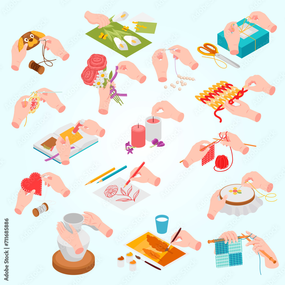 isometric craft handmade hobbies icon set with candle making sewing embroidery floristry knitting - obrazy, fototapety, plakaty 