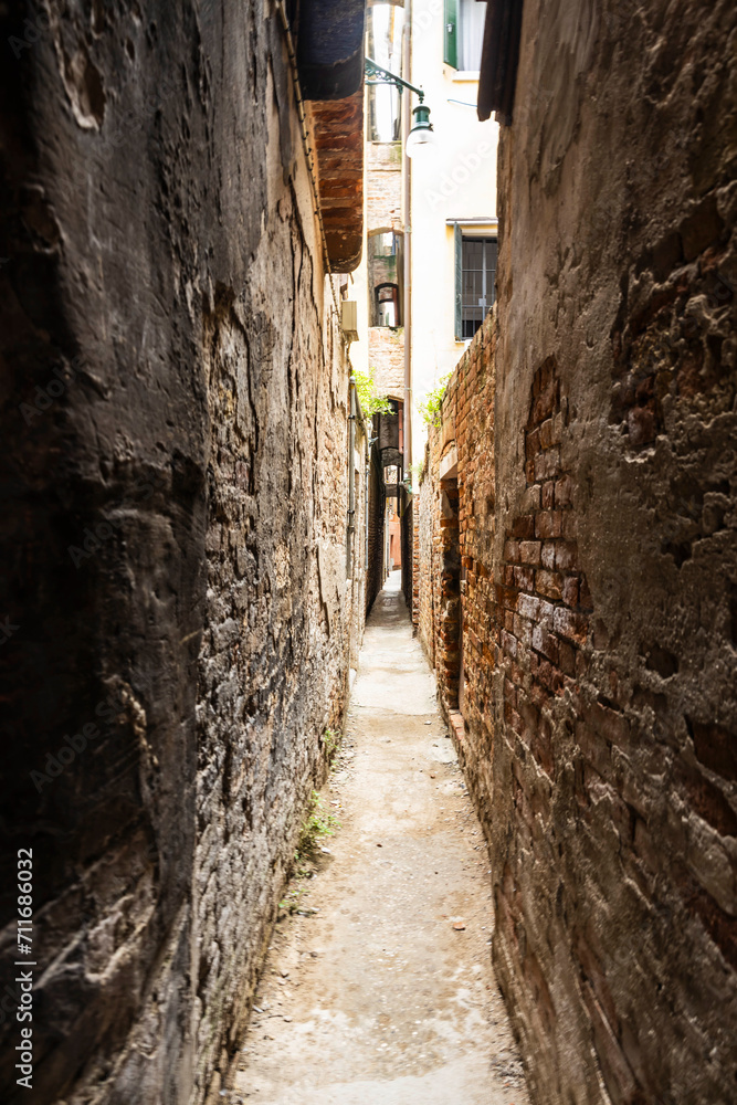 Looking down the narrow streets or alley of Venice