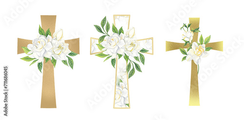 Set of religious crosses on a transparent background. Watercolor illustrations gold Christian cross with white gardenia flowers. The hand-painted catholic or orthodox symbol for Easter