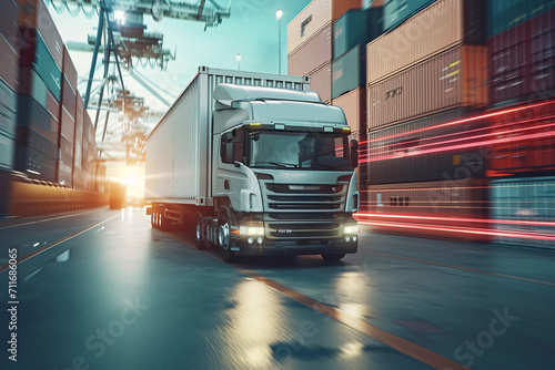 White truck near shipping containers with red motion blur photo