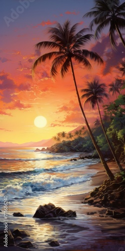 a sunset on the beach, in the style of large canvas sizes, exotic landscapes, light red, photo-realistic