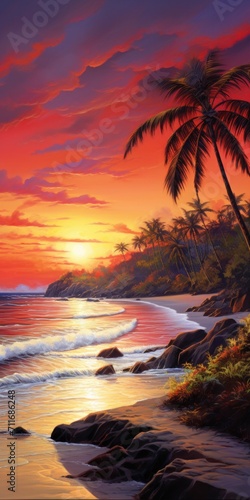 a sunset on the beach, in the style of large canvas sizes, exotic landscapes, light red, photo-realistic