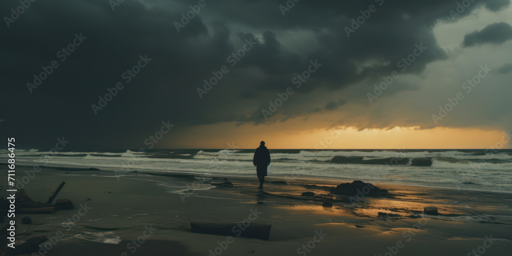 Lonely Woman Walking along the Sandy Shore, Embracing the Sadness of a Beautiful Sunset over the Ocean
