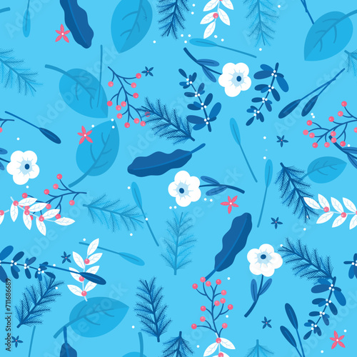 vector seamless pattern. leaves flowers on a light blue background for any print fabric