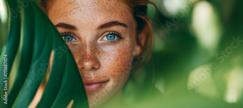 Fototapeta Naklejka Na Ścianę i Meble -  blue-eyed woman with freckles in the jungle peeks out from behind a tropical palm tree. Beautiful woman with green leave near face and body. Closeup girl's face with green leave