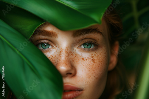 Beautiful blue-eyed woman with freckles in the jungle peeks out from behind a tropical palm tree. Beautiful woman with green leave near face and body. Closeup girl's face with green leaves