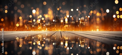 Blurred bokeh effect  financial buildings and corporate banking elements in subdued colors photo