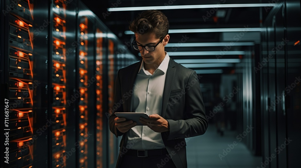 Fototapeta premium An IT engineer fixes technical problems in the server room with a tablet in his hands. Modern technologies, Information, Cyber security, artificial intelligence concepts.