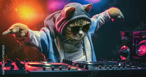 disc jockey cat on the table, ai generated.