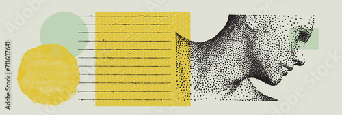 Side view of a dotted human head. Straight horizontal lines on background with circles. Can be applied for notes, notepad, etc. Vector illustration for varied design. 
