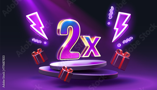 2x winner banner, promotion flyer, prize label. Vector illustration