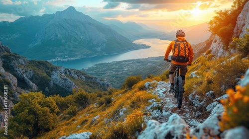 Mountain Biker Admires Sunset Over Scenic Mountain Lake