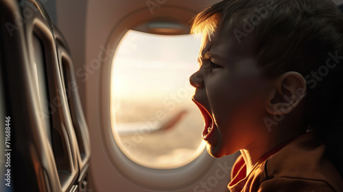 Toddler Boy Throws Temper Tantrum by Airplane Window, Expressing Frustration with Screams and Tears. Candid Close-Up During Travel with Small Children photo