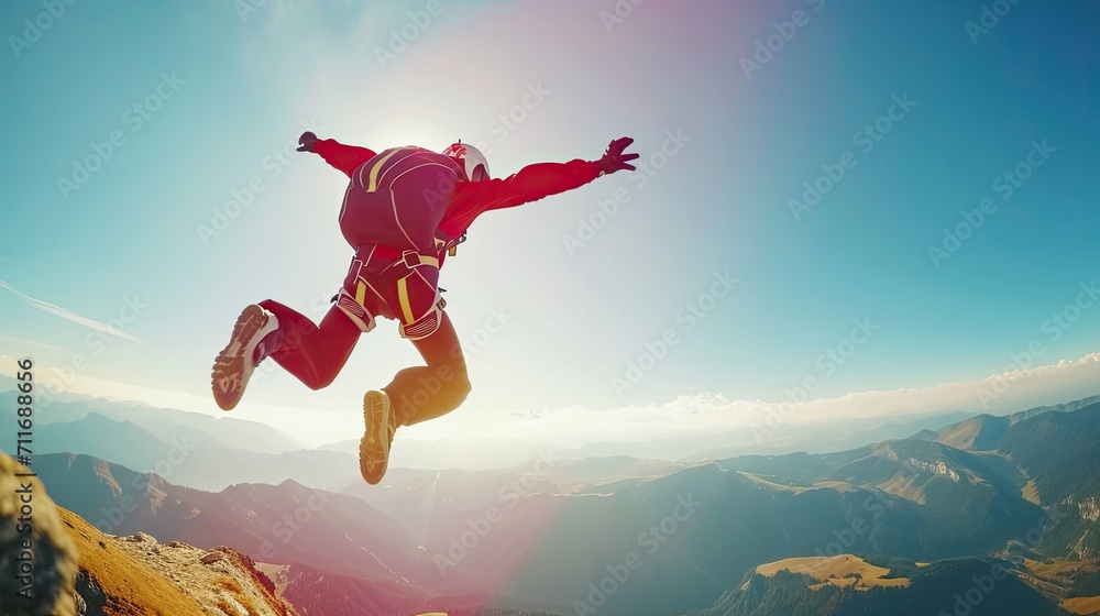 Skydiver Leaping from Cliff into Expansive Mountain Vista