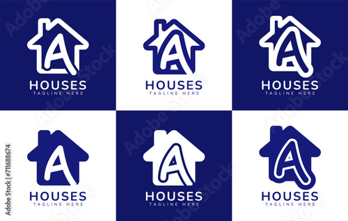 Set of houses home logo with letter A. This logo combines letters and house or home. Perfect for housing business, real estate, mortgage, house rental, house buying and selling.
