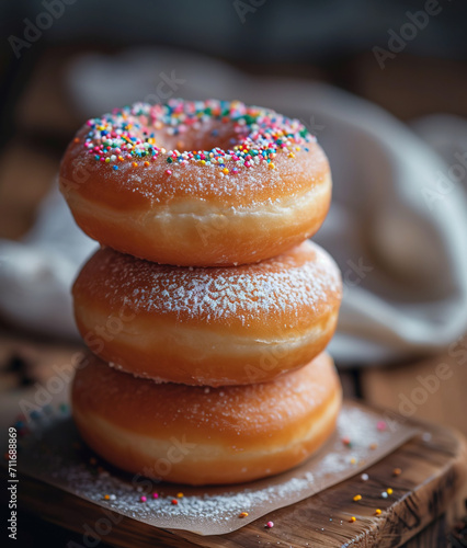 Stack of doughnuts on wooden table