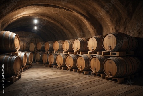 Room filled with multiple wooden barrels of whiskey.