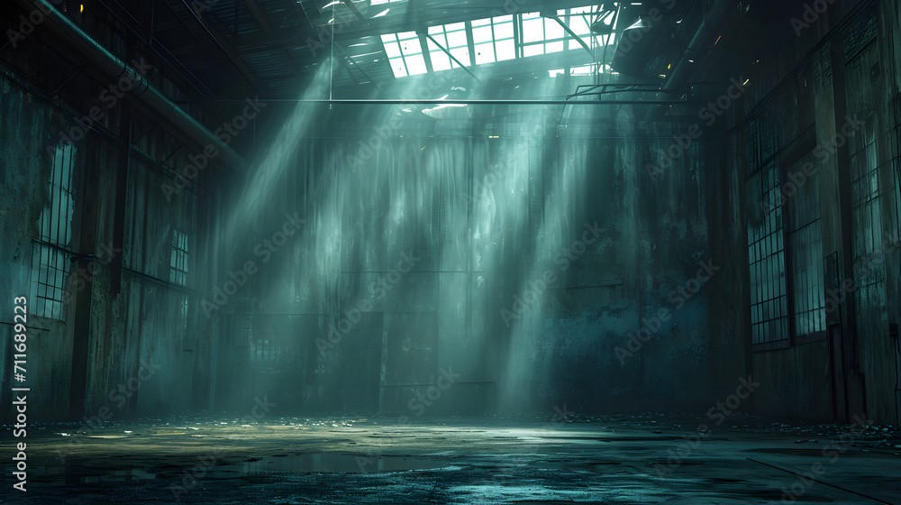 A dramatic, moody image of an empty warehouse with atmospheric lighting, evoking a sense of mystery and desolation. Suitable for urban exploration or industrial themes. - obrazy, fototapety, plakaty 