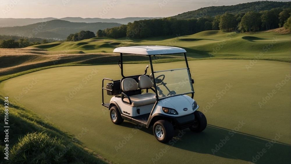 Golf cart standing on top of lush green field Golf cart standing on top of lush green field