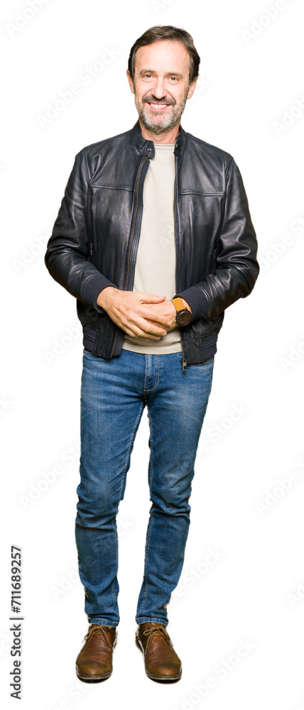 Middle age handsome man wearing black leather jacket Hands together and fingers crossed smiling relaxed and cheerful. Success and optimistic Middle age handsome man wearing black leather jacket Hands together and fingers crossed smiling relaxed and cheerful. Success and optimistic
