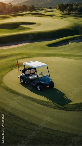 Golf cart standing on top of lush green field