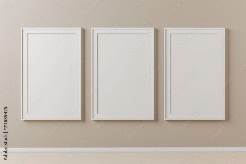 Minimalist White Vertical Frame Trio on Neutral Wall Background. Art Gallery Mockup for Design and Interior Decoration Minimalist White Vertical Frame Trio on Neutral Wall Background. Art Gallery Mockup for Design and Interior Decoration