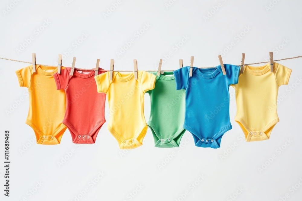 Multicolored Baby Grows Hanging on Clothesline. Copy Space on White Background Multicolored Baby Grows Hanging on Clothesline. Copy Space on White Background
