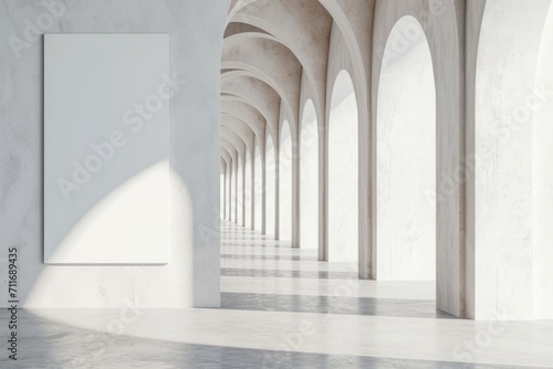 Contemporary Gallery Space: 3D Render of Bright White Interior with Mock-Up Banner and Archways