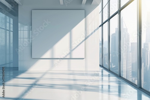 Cityscape Interior Billboard: Modern 3D Room with Empty Ad Space and Window View